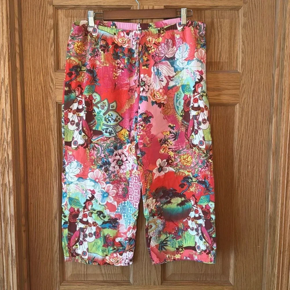NATORI Cropped Pajama Loungewear Pants Pink Floral Japanese-Inspired Print